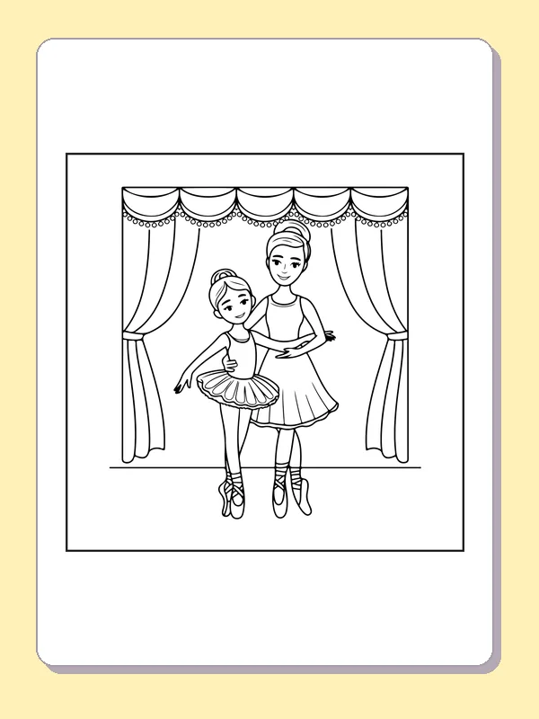 Two Dancers behind Curtains coloring page with black and white ballet line art to print or color online