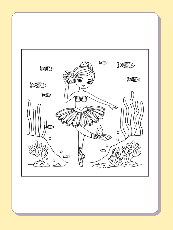 Underwater Ballerina coloring page with black and white ballet line art to print or color online