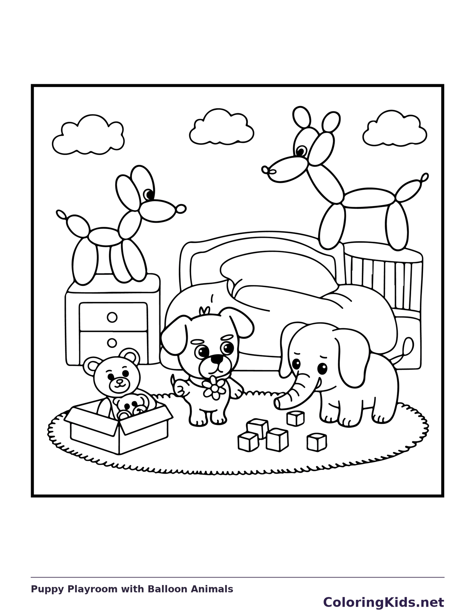 Black-and-white balloon coloring page of puppy playroom with balloon animals: A puppy plays beside an elephant, blocks and several toy animal figures in a bedroom.