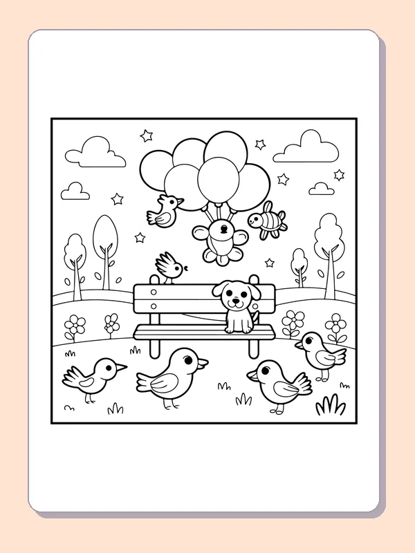 Black-and-white balloon coloring page of balloons above a park bench: A bunch of round balloons floats over a park bench while birds and a puppy gather below.