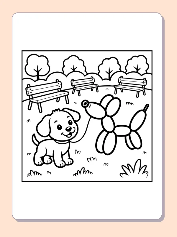 Black-and-white balloon coloring page of puppy and balloon dog in a park: A puppy faces a twisted balloon dog before three park benches and rounded trees.