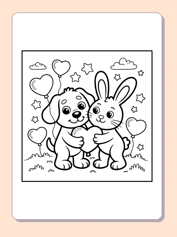 Black-and-white balloon coloring page of puppy and bunny with heart balloons: A puppy and bunny stand together beneath heart-shaped balloons and stars.
