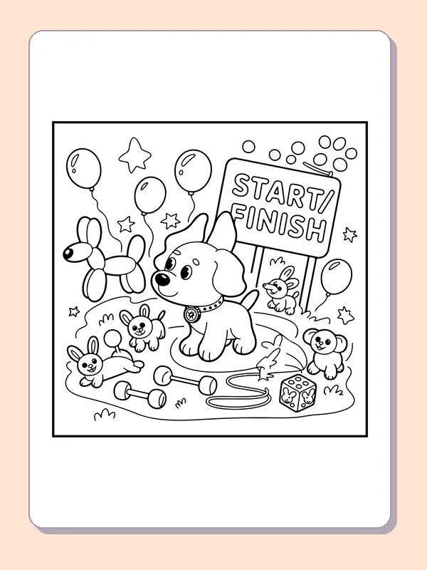 Black-and-white balloon coloring page of puppy at a balloon race finish line: A puppy and small balloon animal friends gather around a sign that reads START FINISH.