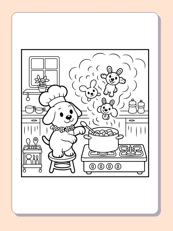 Black-and-white balloon coloring page of puppy cooking and imagining balloon friends: A puppy stirs a pot in the kitchen while rounded animal friends appear in a thought cloud.
