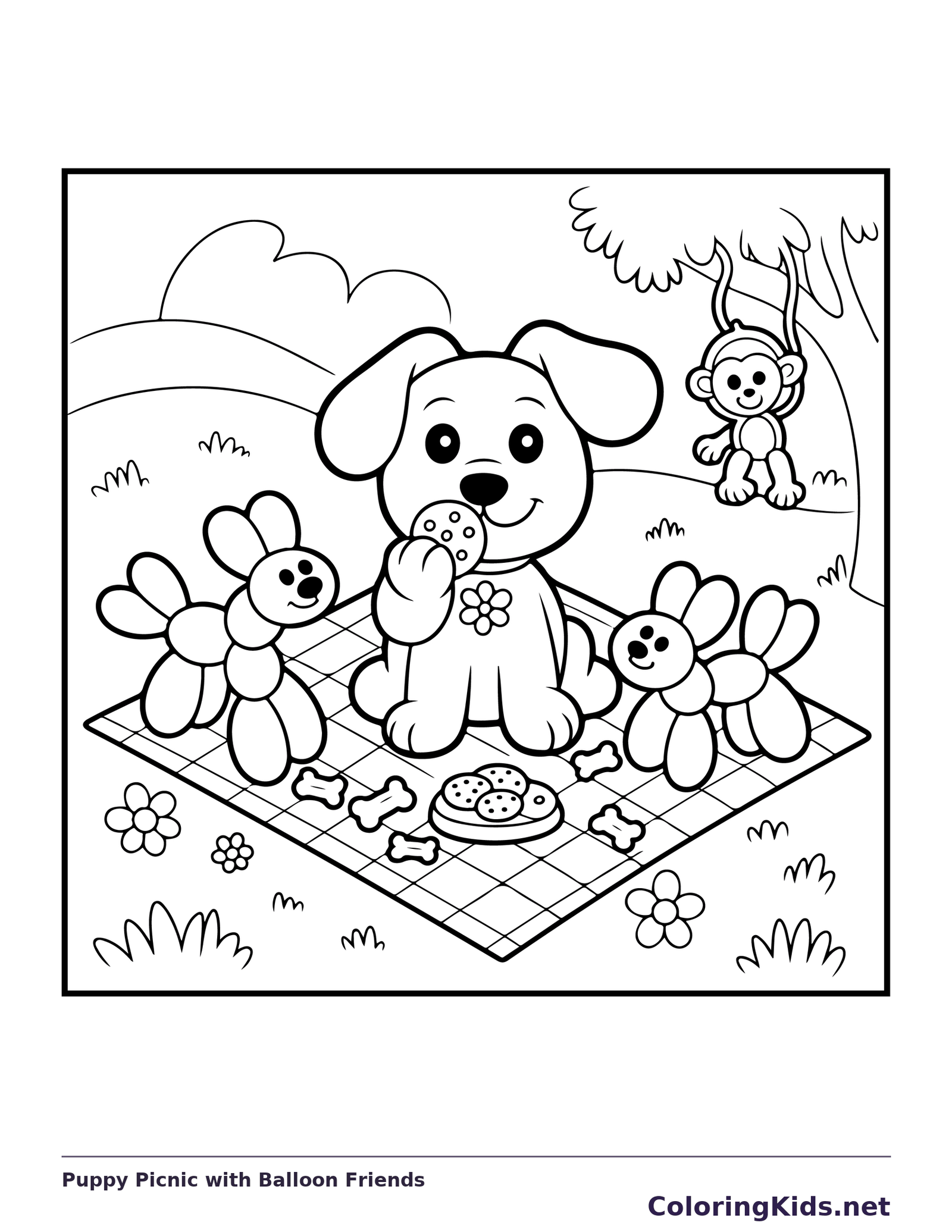 Black-and-white balloon coloring page of puppy picnic with balloon friends: A puppy sits beside a picnic blanket, basket and plate as rabbit-shaped balloon friends gather nearby.