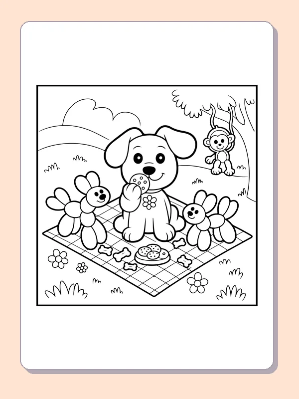 Black-and-white balloon coloring page of puppy picnic with balloon friends: A puppy sits beside a picnic blanket, basket and plate as rabbit-shaped balloon friends gather nearby.