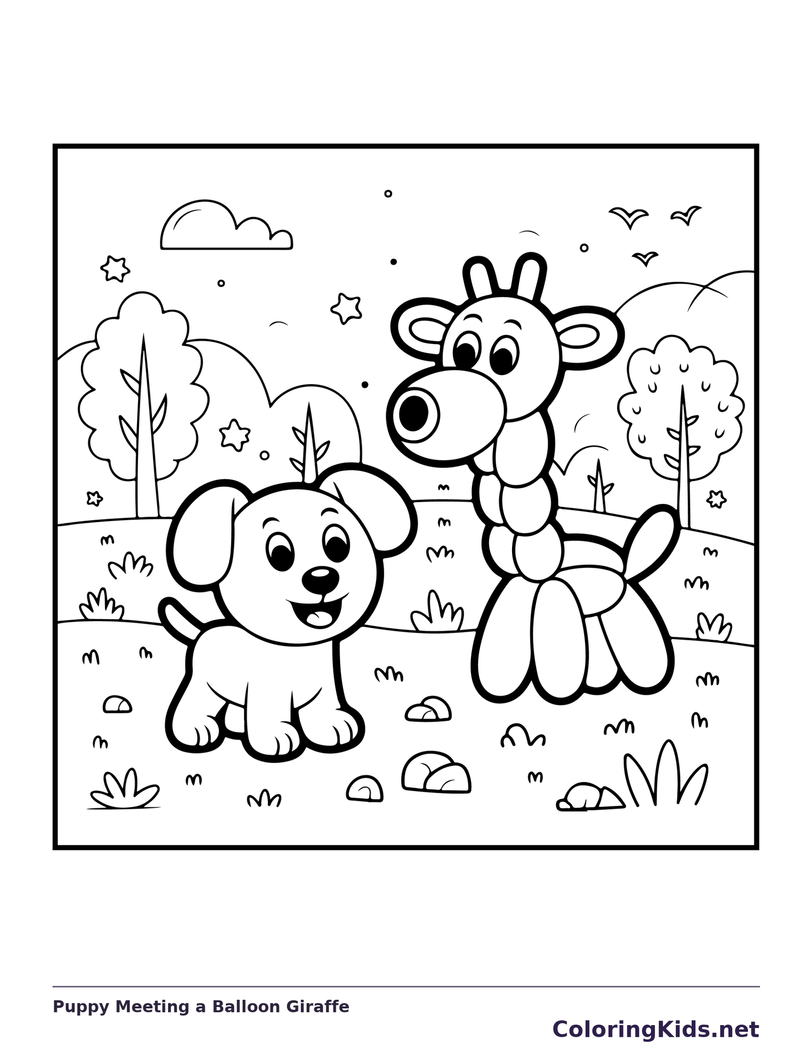 Black-and-white balloon coloring page of puppy meeting a balloon giraffe: A puppy looks up at a balloon giraffe on a grassy path between trees.