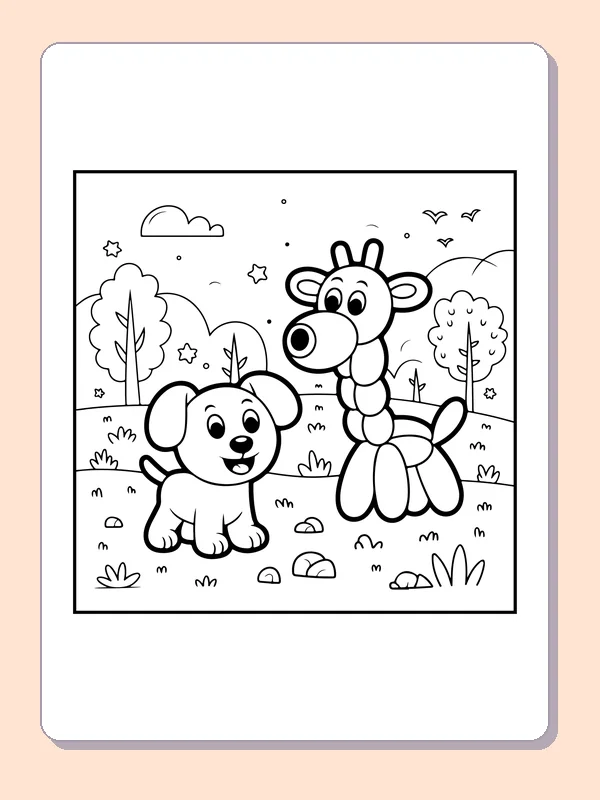 Black-and-white balloon coloring page of puppy meeting a balloon giraffe: A puppy looks up at a balloon giraffe on a grassy path between trees.