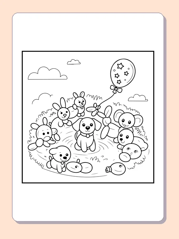 Black-and-white balloon coloring page of puppy with balloon party friends: A puppy sits among several rounded animal figures, a star-marked balloon and flowers.
