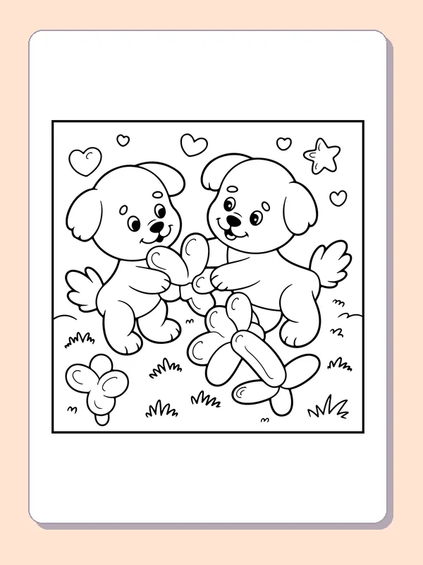 Black-and-white balloon coloring page of two puppies with a balloon dog: Two puppies face each other with one twisted balloon dog between them.
