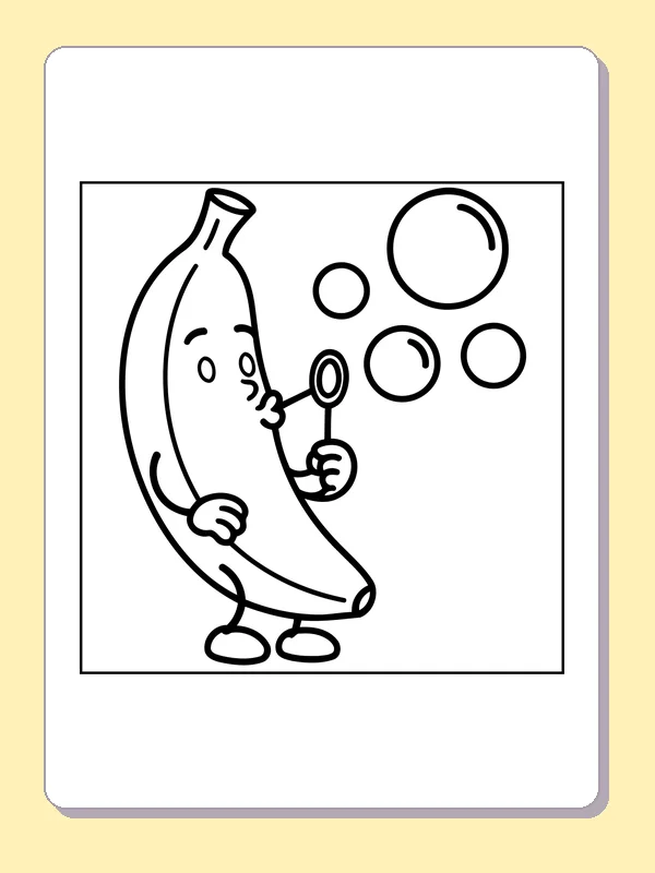 Black and white printable banana blowing bubbles coloring sheet