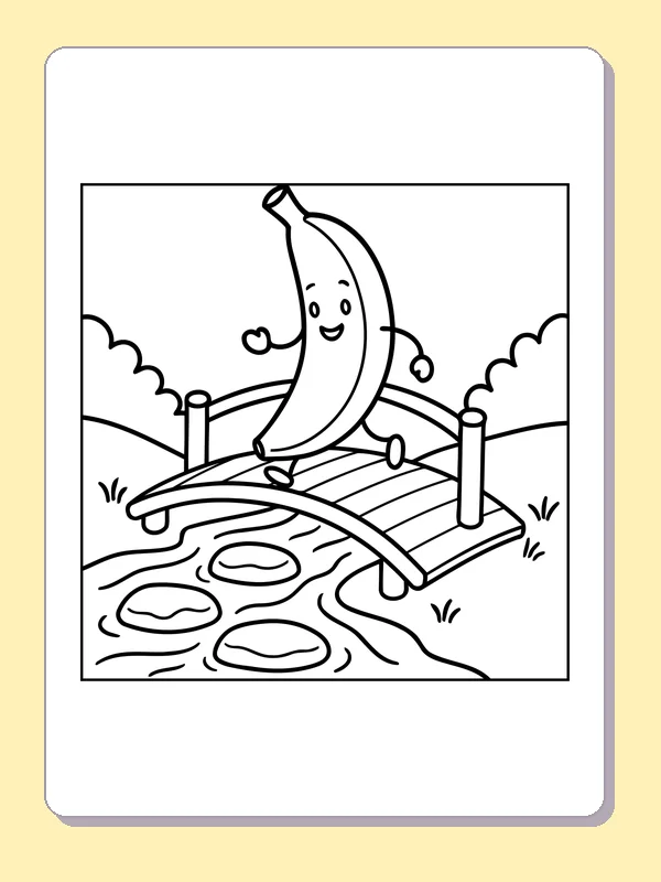 Black and white printable banana crossing a stream bridge coloring sheet