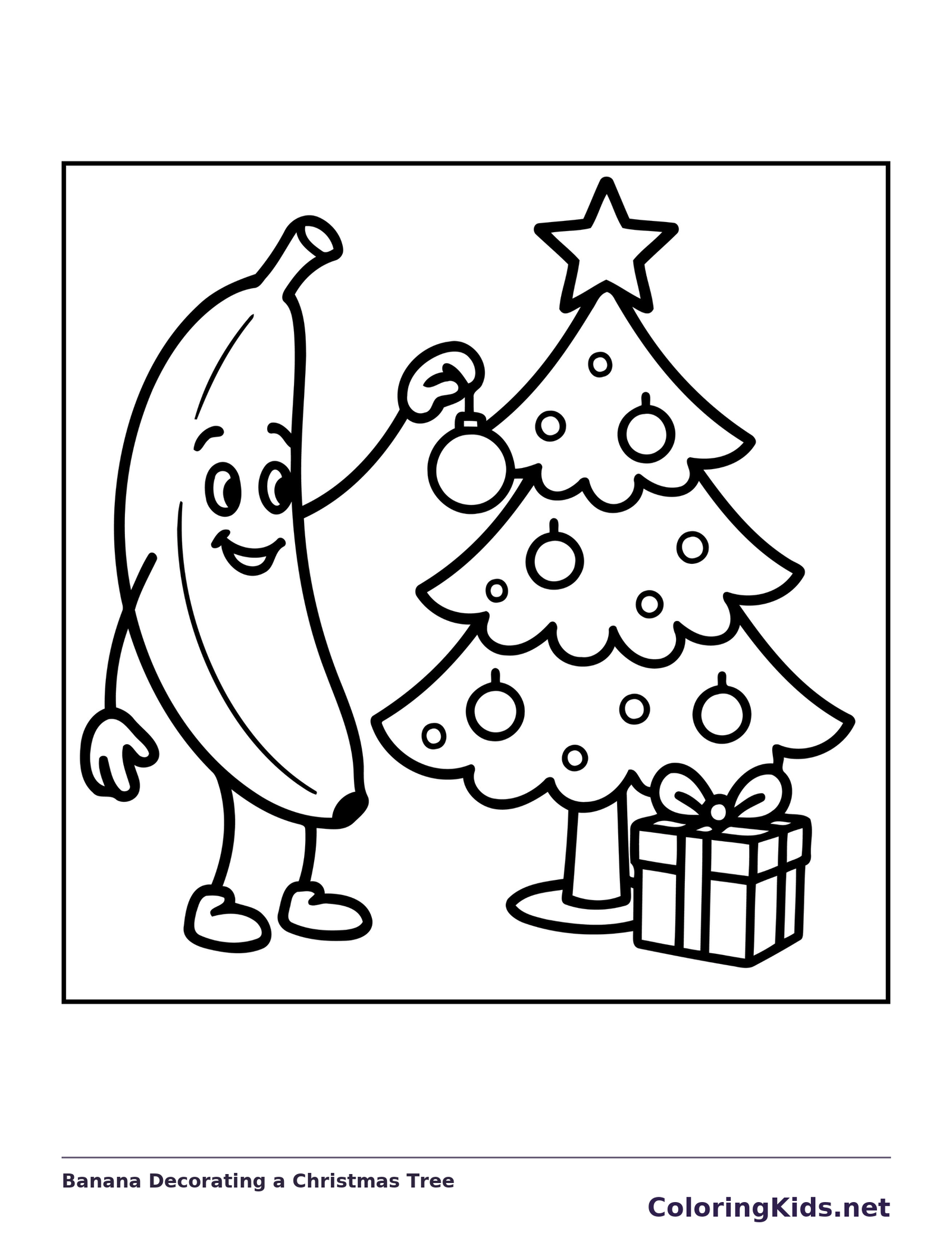 Black and white printable banana decorating a christmas tree coloring sheet