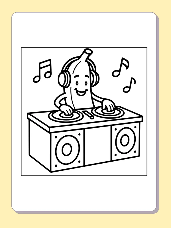 Black and white printable banana dj mixing music coloring sheet