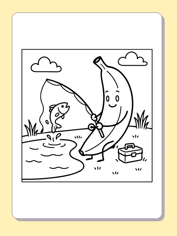 Black and white printable banana fishing by a pond coloring sheet