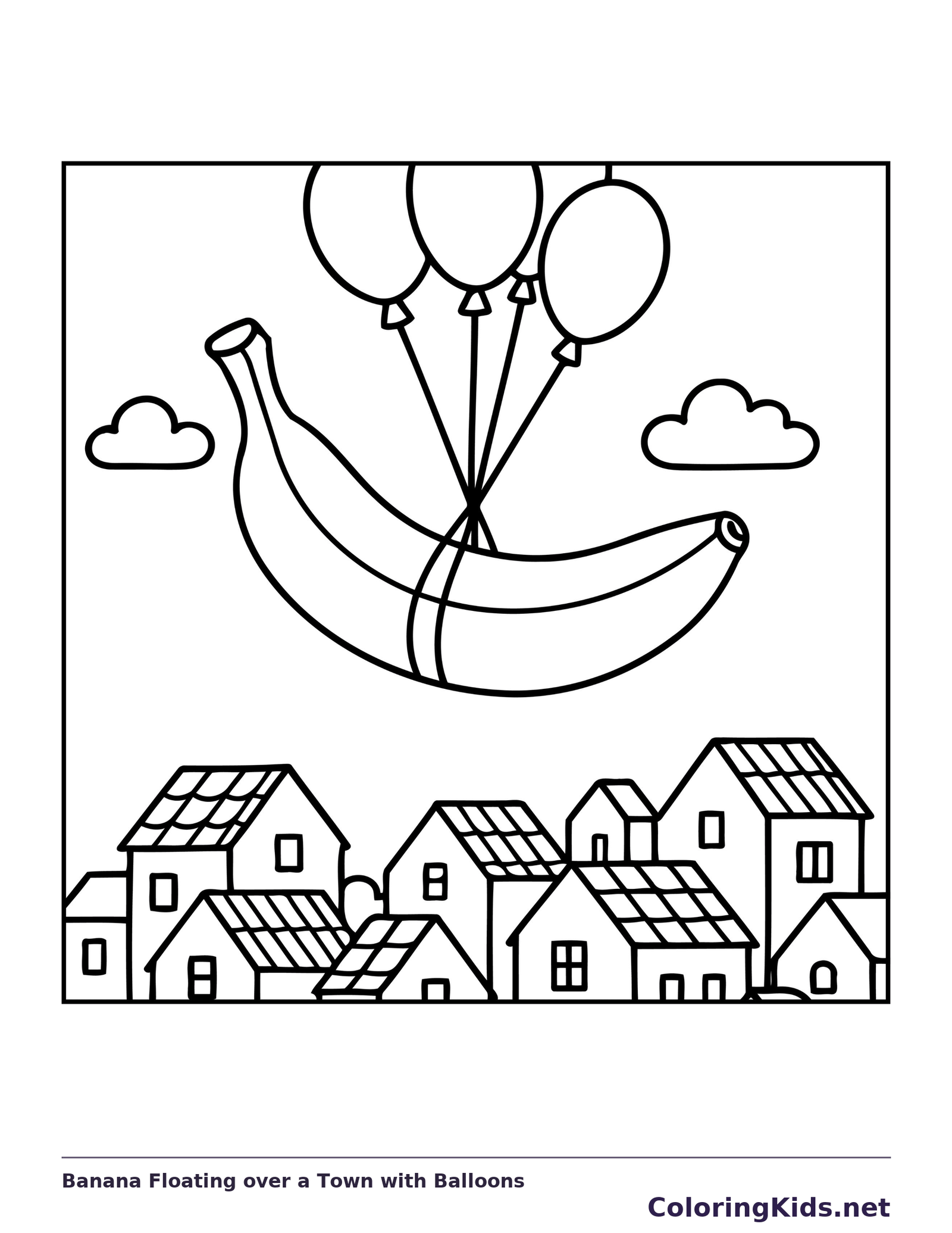 Black and white printable banana floating over a town with balloons coloring sheet