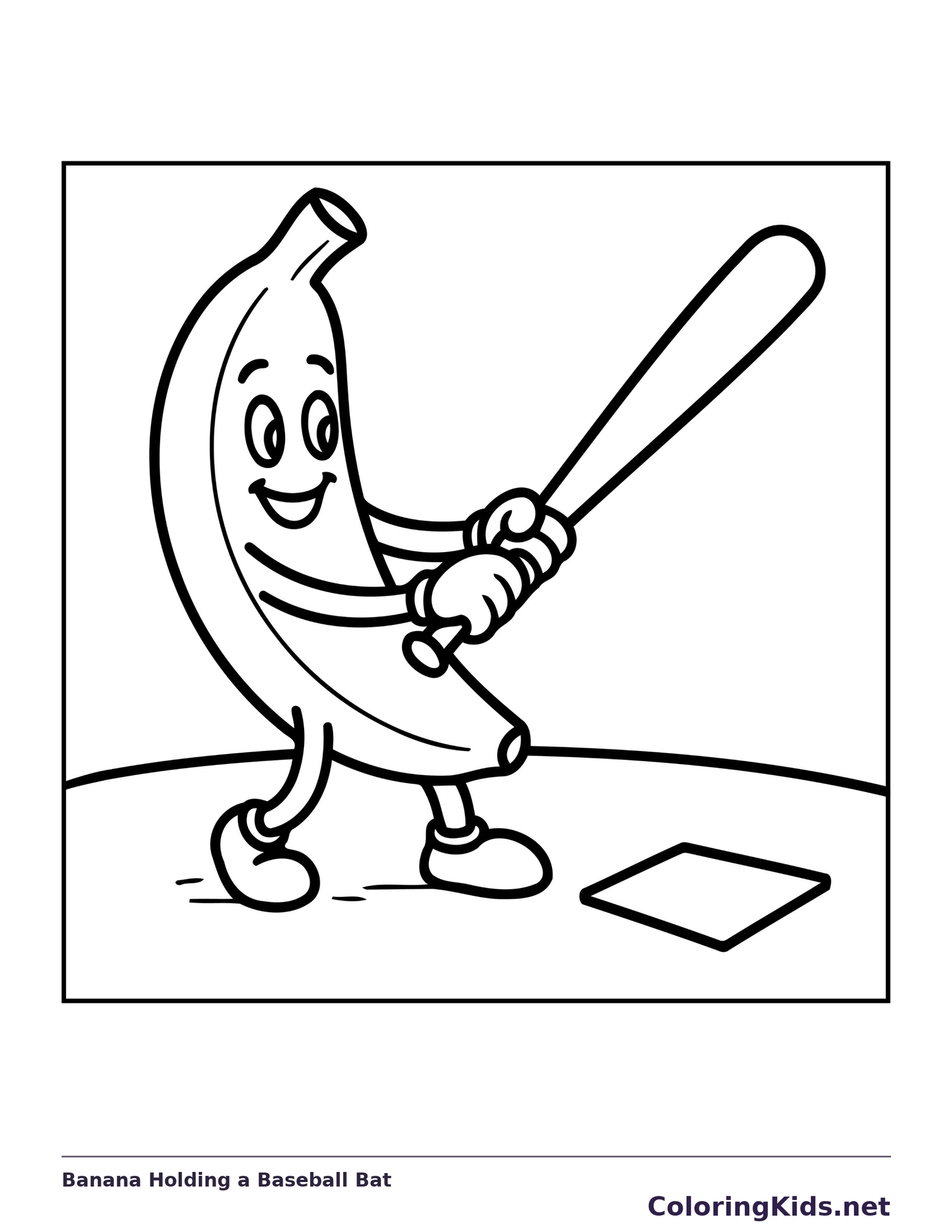 Black and white printable banana holding a baseball bat coloring sheet