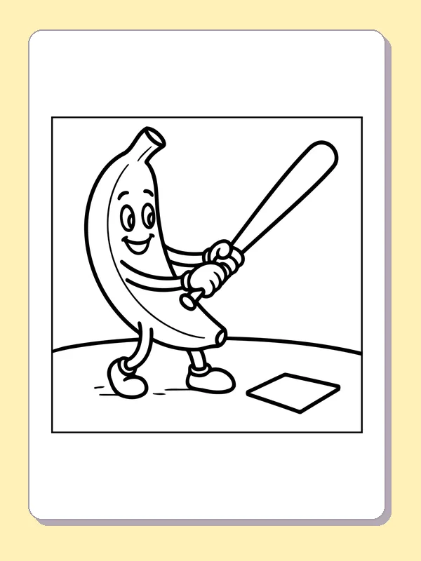 Black and white printable banana holding a baseball bat coloring sheet