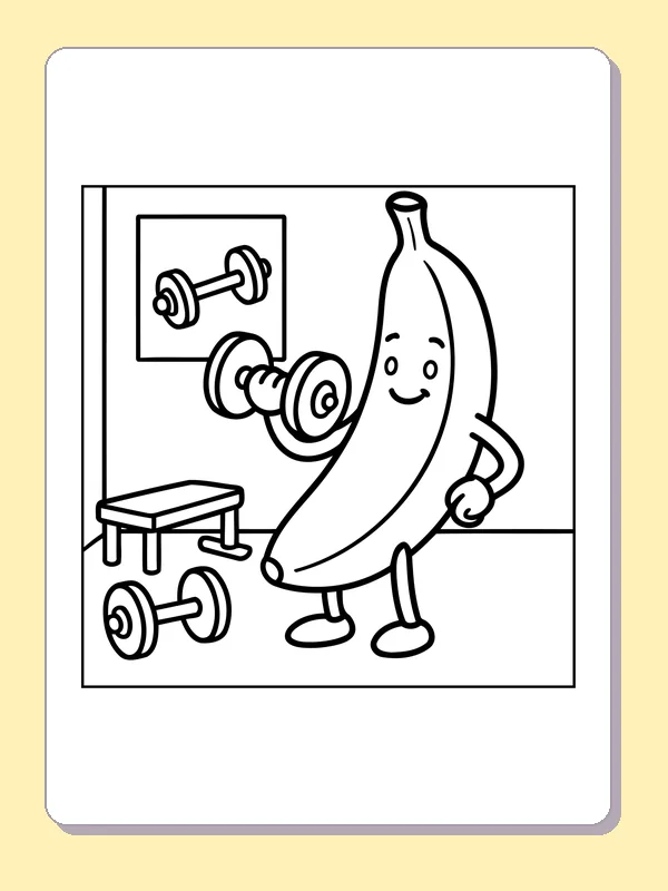 Black and white printable banana lifting a dumbbell at the gym coloring sheet