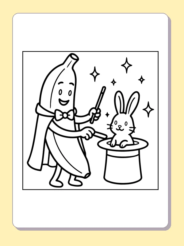 Black and white printable banana magician with a rabbit coloring sheet
