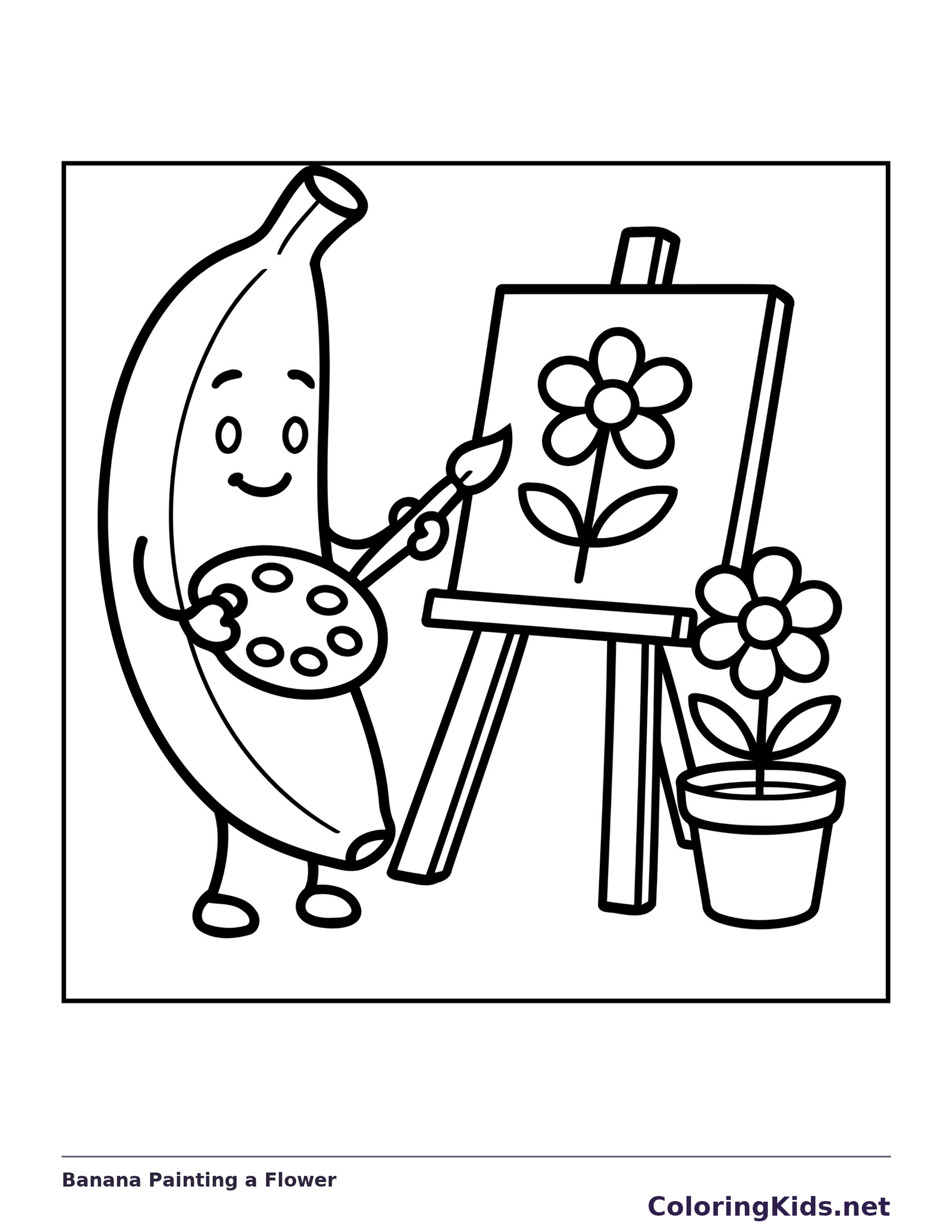 Black and white printable banana painting a flower coloring sheet