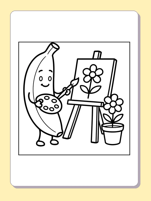 Black and white printable banana painting a flower coloring sheet