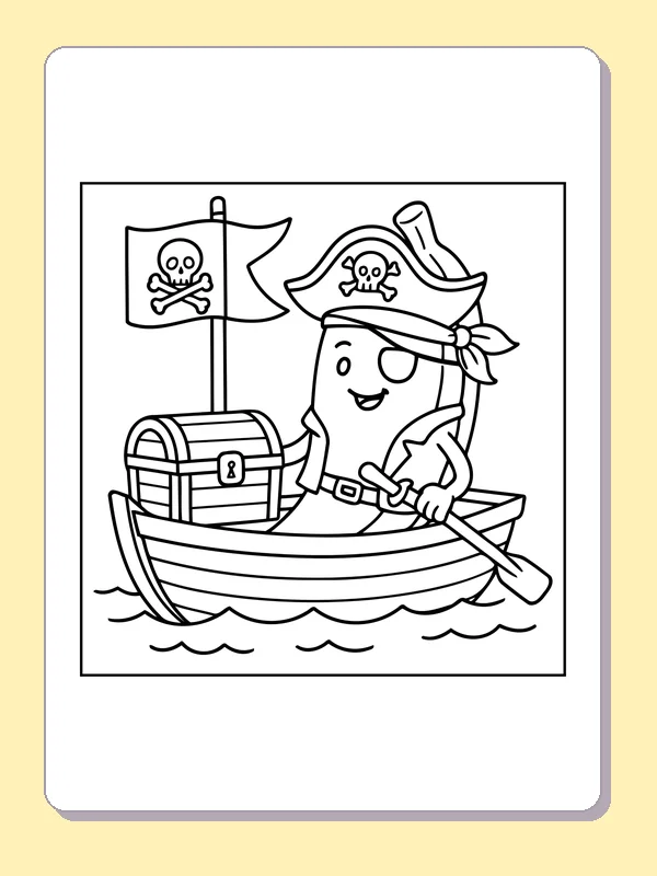Black and white printable banana pirate rowing a boat coloring sheet