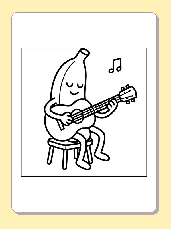 Black and white printable banana playing a guitar coloring sheet