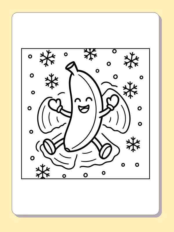 Black and white printable banana playing in snow coloring sheet