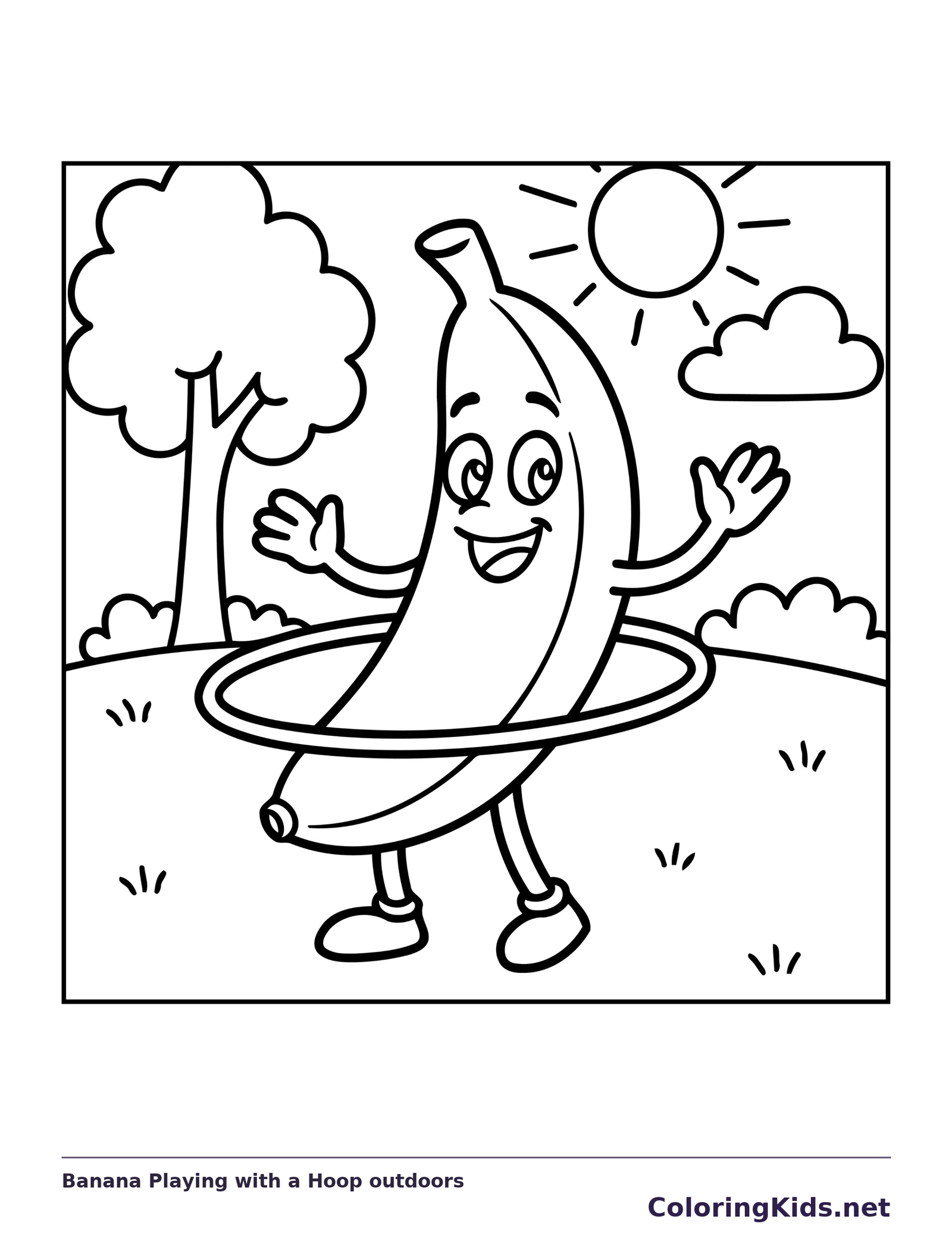 Black and white printable banana playing with a hoop outdoors coloring sheet