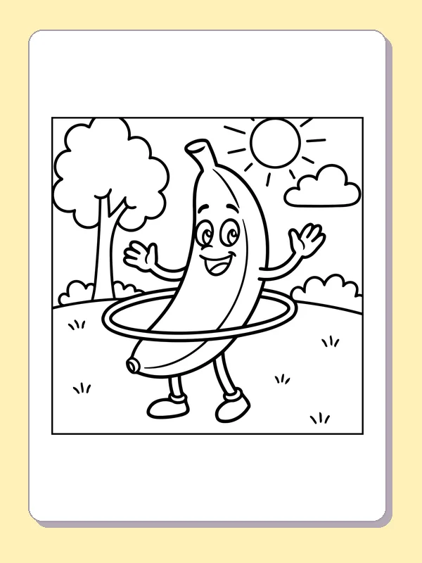 Black and white printable banana playing with a hoop outdoors coloring sheet