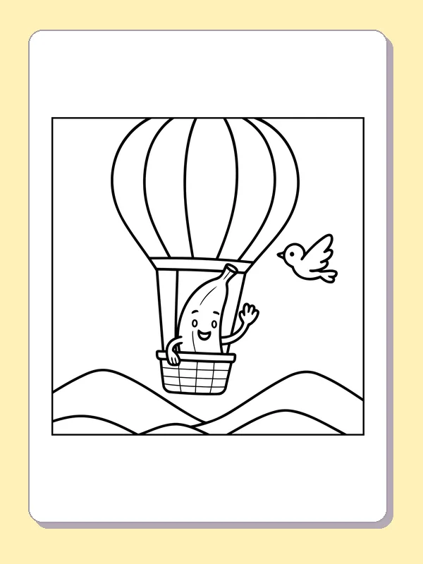 Black and white printable banana riding in a hot air balloon coloring sheet