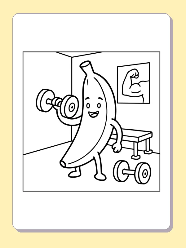 Black and white printable banana training beside weights coloring sheet