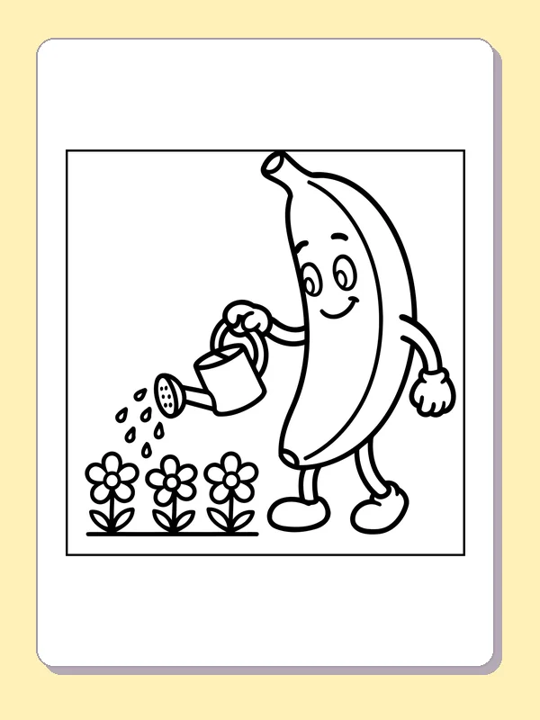 Black and white printable banana watering garden flowers coloring sheet