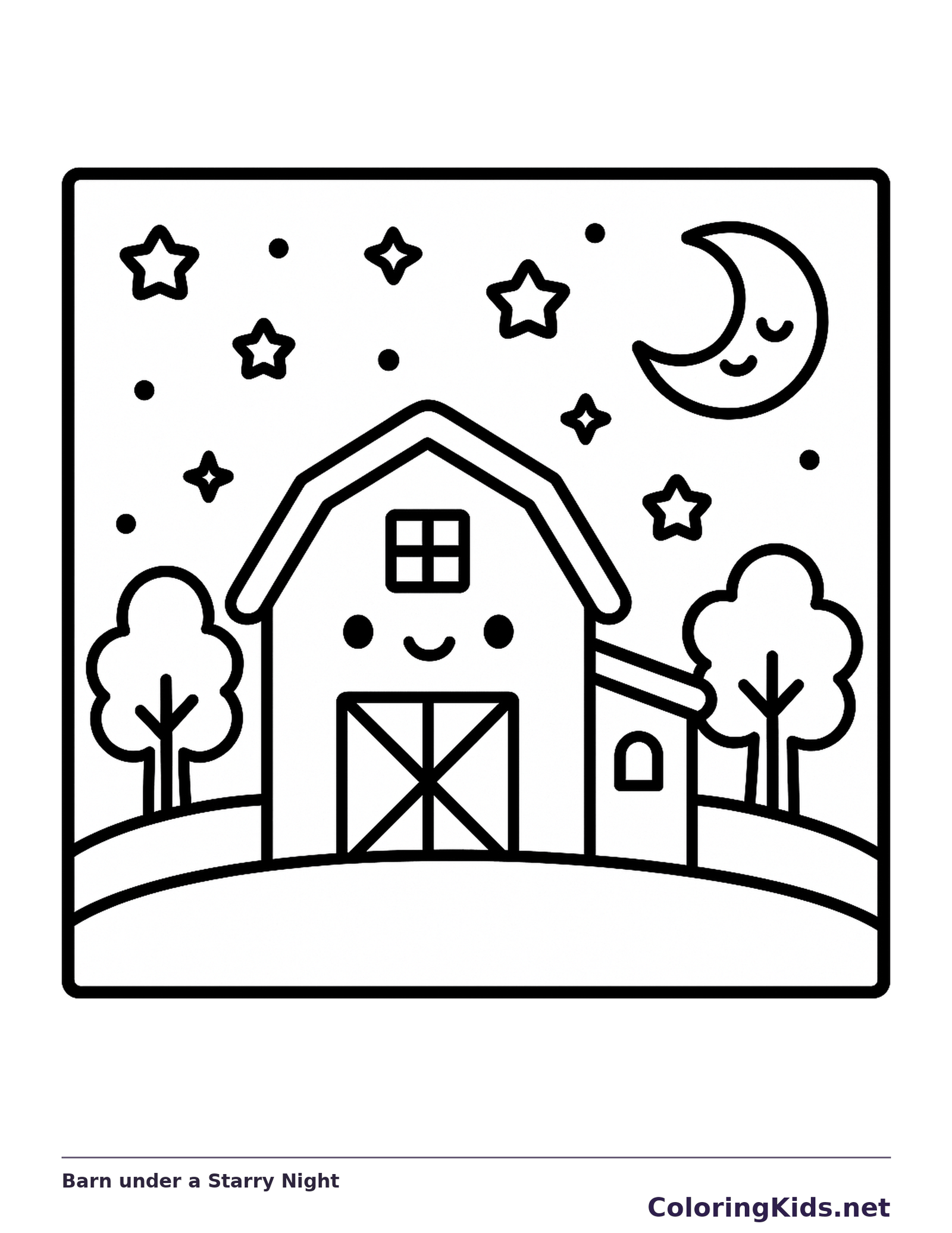 Black and white printable drawing of barn under a starry night