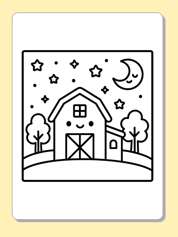 Black and white printable drawing of barn under a starry night