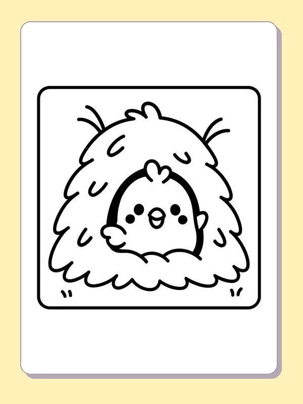 Black and white printable drawing of chick nestled in a haystack