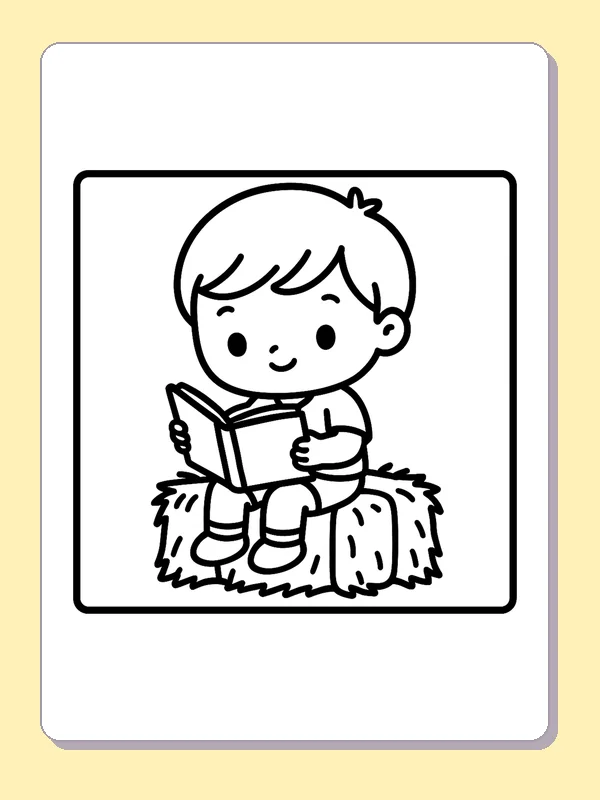 Black and white printable drawing of child reading on a hay bale