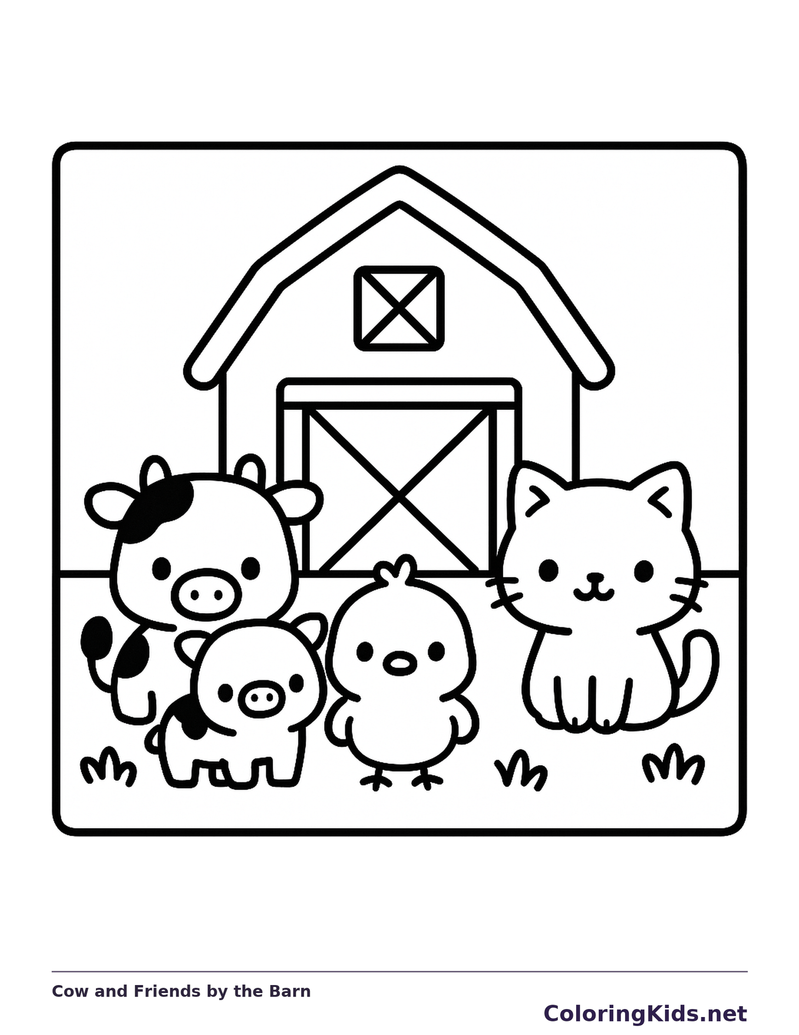 Black and white printable drawing of cow and friends by the barn
