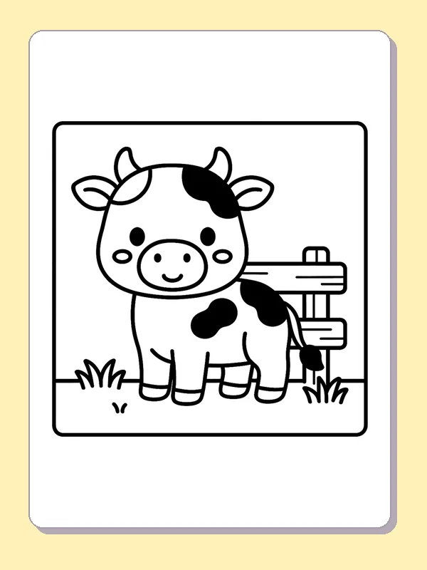 Black and white printable drawing of cow standing by a fence