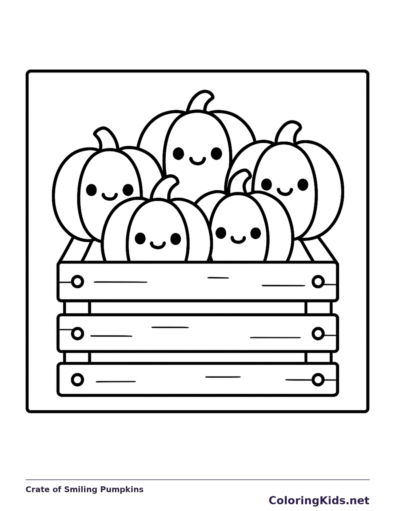 Black and white printable drawing of crate of smiling pumpkins