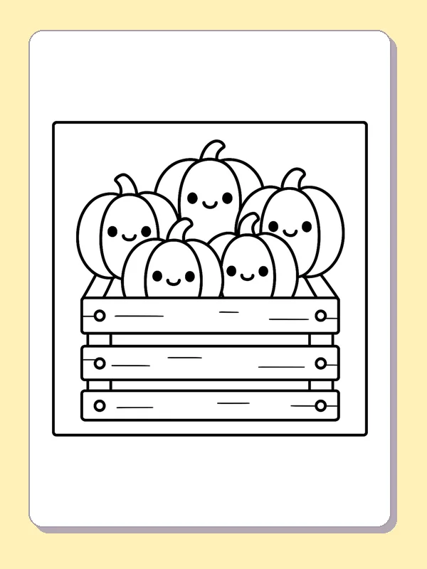 Black and white printable drawing of crate of smiling pumpkins