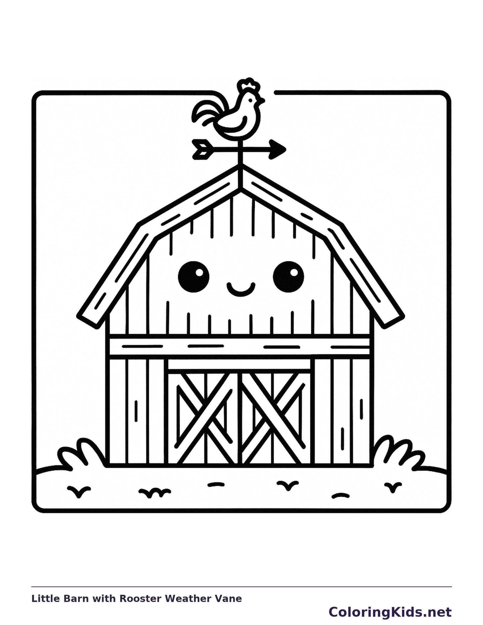 Black and white printable drawing of little barn with rooster weather vane