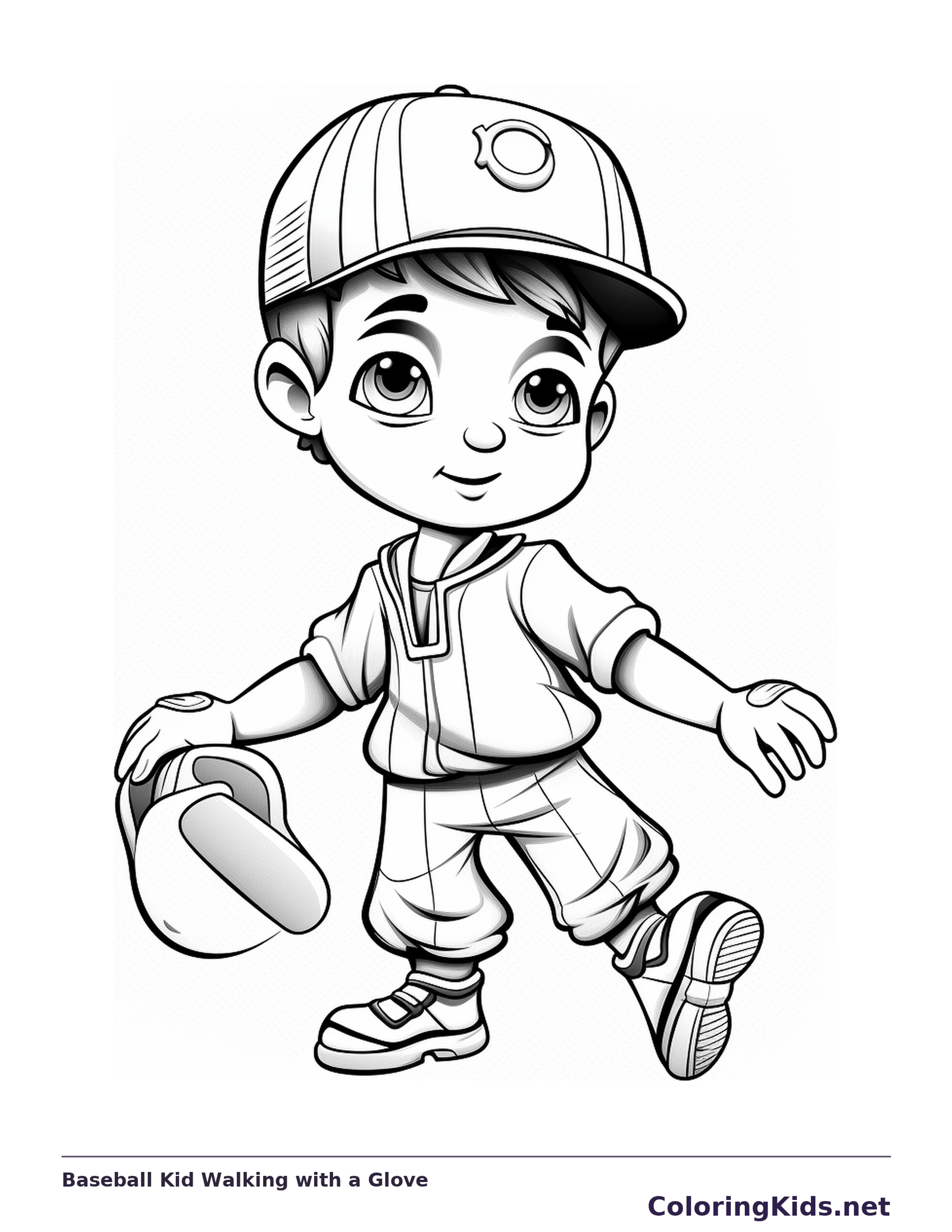 Black and white printable baseball kid walking with a glove coloring sheet