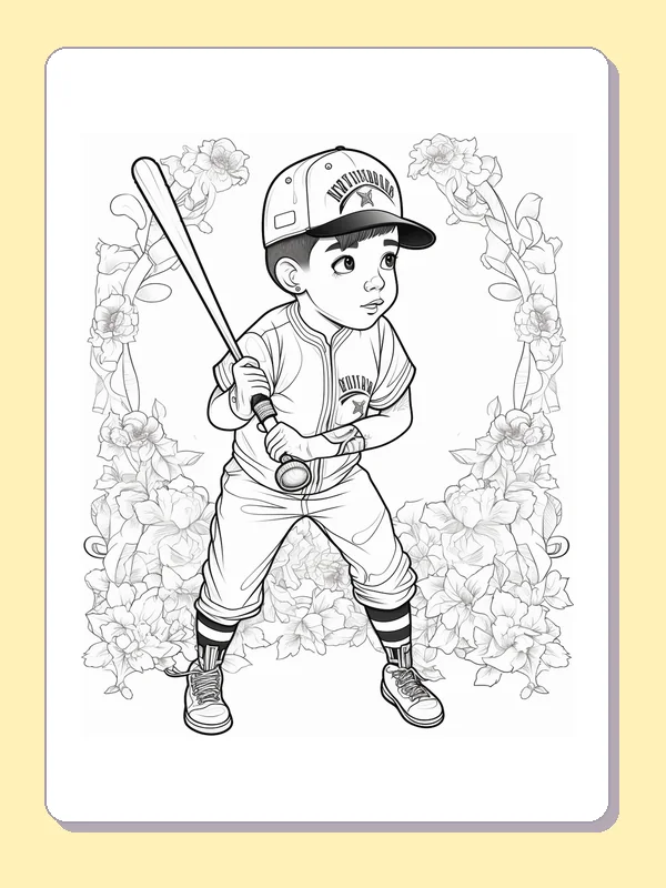Black and white printable batter framed by flowers coloring sheet