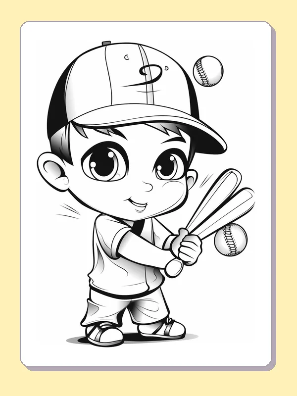 Black and white printable big-eyed batter with flying ball coloring sheet