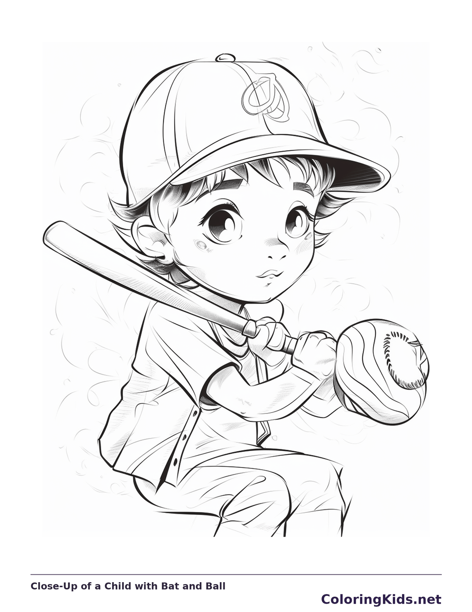 Black and white printable close-up of a child with bat and ball coloring sheet