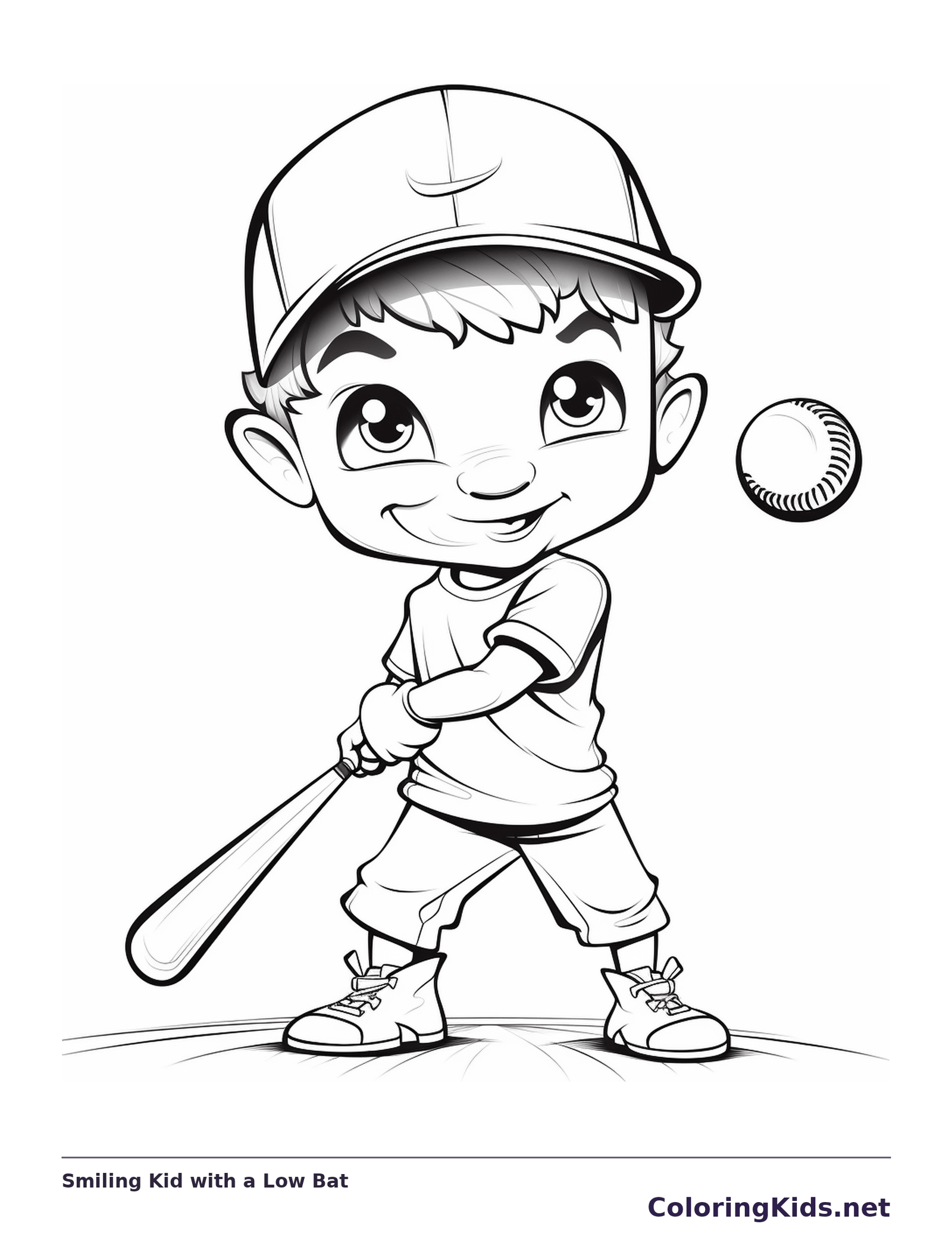 Black and white printable smiling kid with a low bat coloring sheet