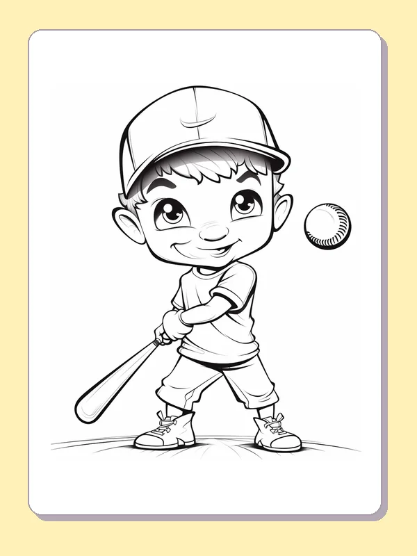 Black and white printable smiling kid with a low bat coloring sheet