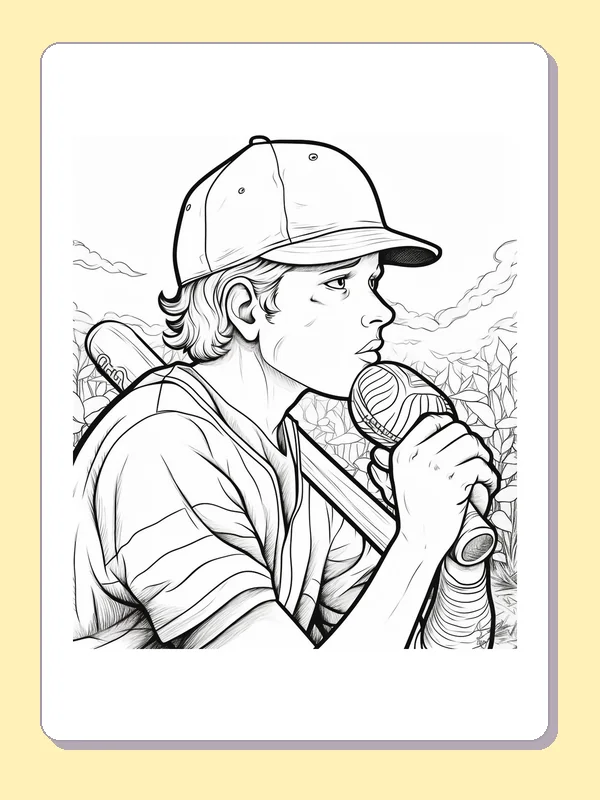 Line drawing of a baseball announcer holding a microphone with a bat over one shoulder